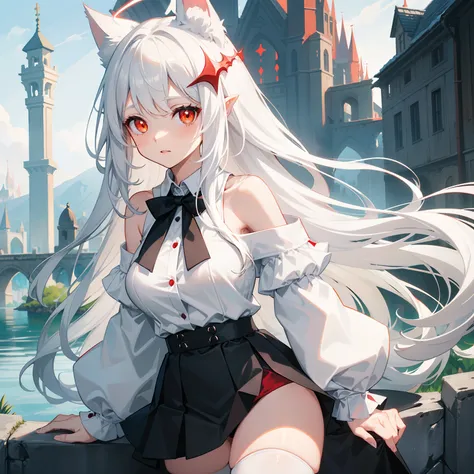 girl, young, big breasts, white long hair, red glowing eyes, white fox ears, white pointy halo, oversized shirt, white shirt, off shoulder, loose bottom shirt button, opened shirt button, black long tie, black big collar, black mini skirt, 5cm skirt, black...