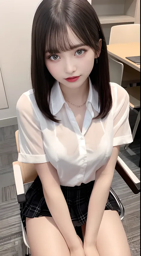 ((Smile)), Sit cross-legged、Put your feet on the chair、Library dimly lit at night、Top image quality、Raw photography、超A high resolution、Japan at the age of 16、very large breast、cleavage of the breast、Black bra、student clothes、Collared shirt、School uniform s...