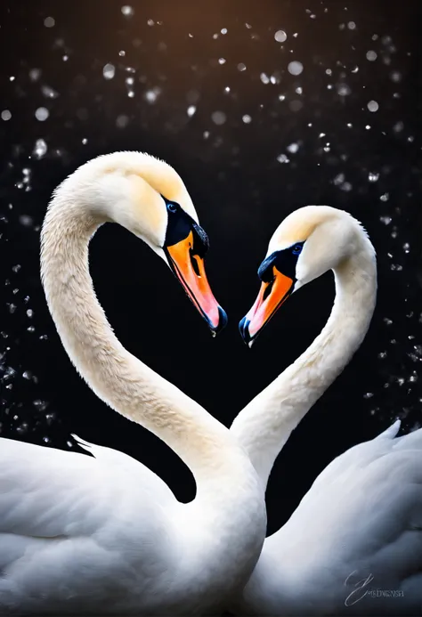 Black background，Light，Two white swans in love