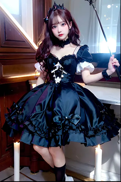 black satin dress、alafe with a wand and crown, fantasy dress, magical dress, dreamy style, very magical and dreamy, lolita fashi...