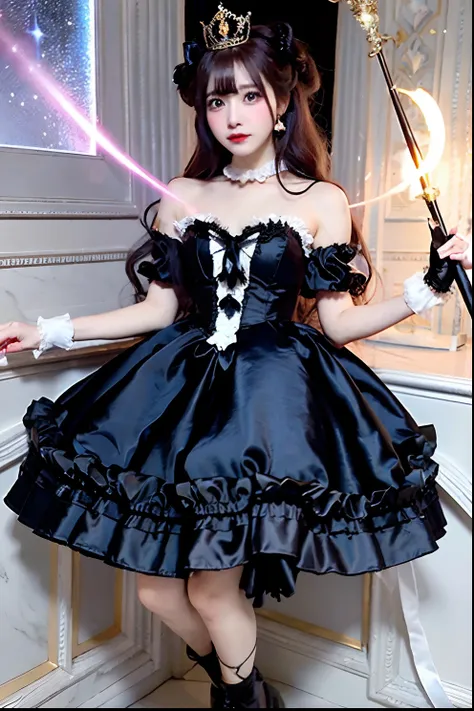 black satin dress、alafe with a wand and crown, fantasy dress, magical dress, dreamy style, very magical and dreamy, lolita fashi...