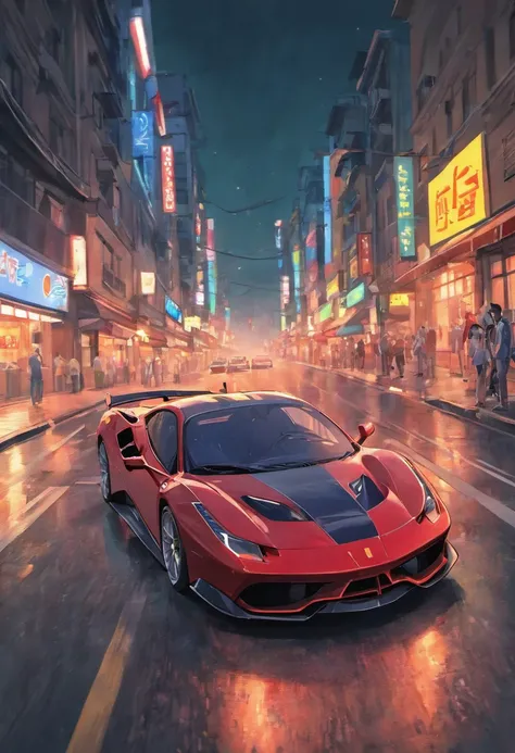 "um Quority(Ferrari 488 GT3 |)Race cars race around the city circuit at night，Um sopro de sangue e velocidade。"