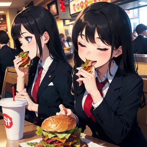 1 beauty, 18 high school girls, Watery Big Eyes，blazer and tie, (Happy smile)，long eyelasher, Blushlush，Black Perm Hair,At the table in a fast food restaurant, (Close your eyes, Smile and open your mouth wide), ((Gnawing on a grabbed hamburger with both ha...