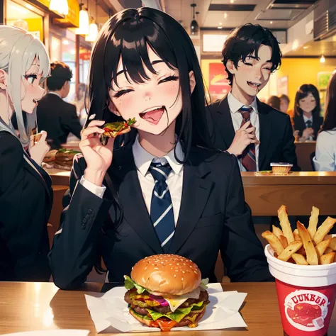 1 beauty, 18 high school girls, Watery Big Eyes，blazer and tie, (Happy smile)，long eyelasher, Blushlush，Black Perm Hair,At the table in a fast food restaurant, (Close your eyes, Smile and open your mouth wide), ((Gnawing on a grabbed hamburger with both ha...