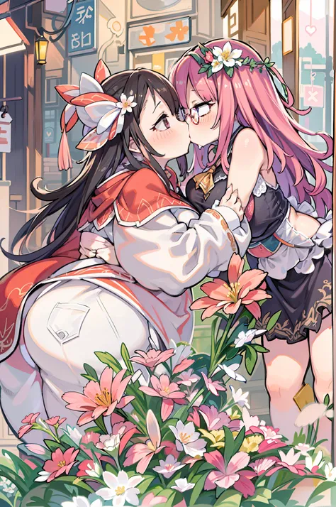 Two-dimensional girl enjoying flowers、huge-breasted、big round glasses、bbw,Large Thigh、Two girls、embracing each other、Deep kissing、the kiss、lesbian、red blush