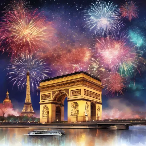 Paris、triumphal arch、Fireworks to celebrate the New Year、Gorgeous fireworks、Colorful fireworks、Large colorful fireworks、Colorful fireworks line art、Fireworks covering the sky over Paris、