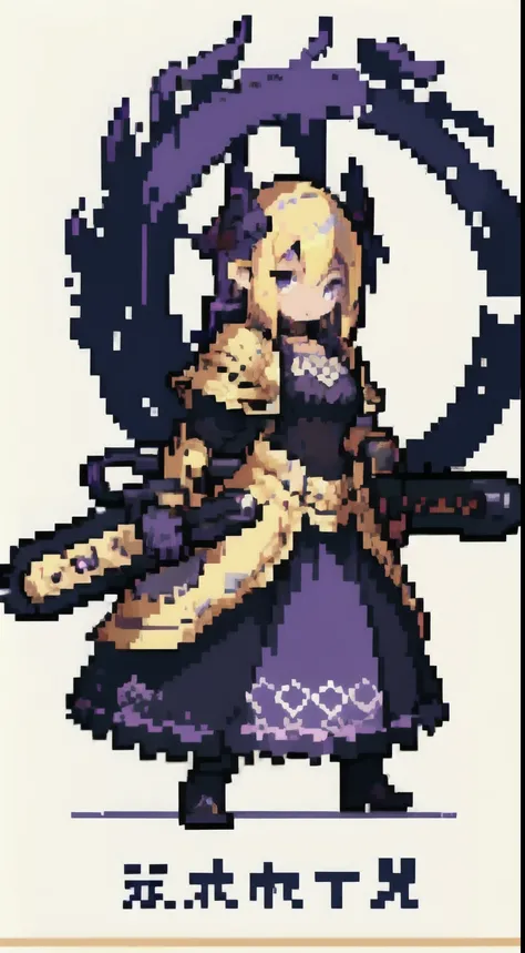 (masutepiece, of the highest quality, Best Quality), pixels, Pixel art,1girl in, Full body, Human, Warrior, 年轻, Curious look, White skin, Purple iris, Long Blond Hair, Golden and Black War_glam, Chainsaw, The spirit of the game, low resolution, Pixel art