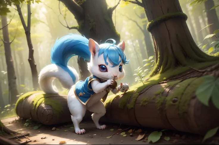 There is a small white squirrel with an acorn in his hand,  Chibichara　A cute girl with blue hair is also with me。It is a cute costume in white and blue。Dark eyes。cute forest creature, Adorable Digital Painting, cute detailed digital art, the squirrel king...