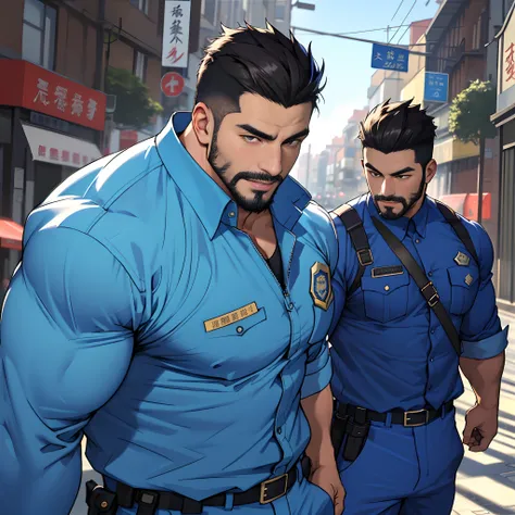 best qualtiy， tmasterpiece， 超高分辨率， detailedbackground， photorealestic， illustratio， Single， 1   boy， muscle men， sbeard， Police， the street， musculature， Facial hair， Volumetriclighting， depth of fields， blue clothes