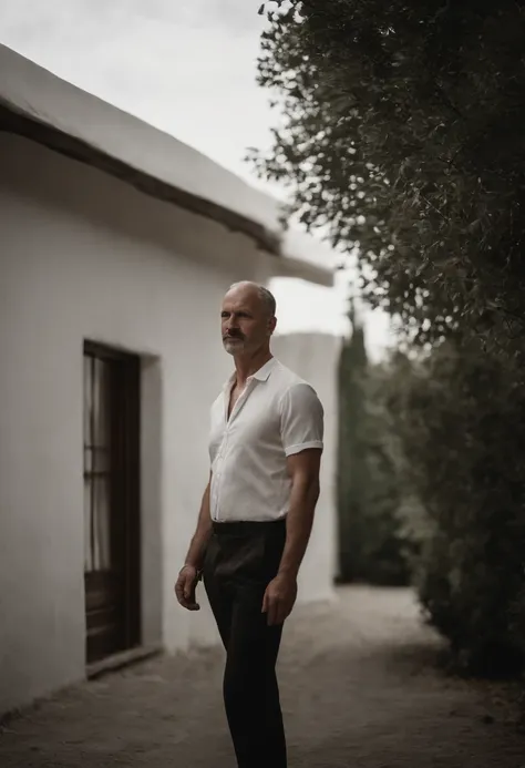 Cinematographic portrait , Un homme Handom, Grand et en forme, (40 ans:1.1), (shaven:1.2). costume moulant noir, chemise blanche . minimalist background, Composition propre, Strong details, muted colors, Hasselblad, style brut