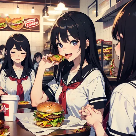 1 beauty, 18 high school girls, Watery Big Eyes，serafuku, (Happy smile)，long eyelasher, Blushlush，Black Perm Hair,At the table in a fast food restaurant, (Close your eyes, Smile and open your mouth wide), ((Gnawing on a grabbed hamburger with both hands)),...