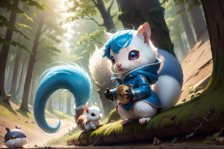 There is a small white squirrel with an acorn in his hand,  Chibichara　A cute girl with blue hair is also with me。It is a cute costume in white and blue。Dark eyes。cute forest creature, Adorable Digital Painting, cute detailed digital art, the squirrel king...