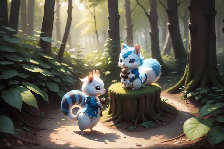 There is a small white squirrel with an acorn in his hand,  Chibichara　A cute girl with blue hair is also with me。It is a cute costume in white and blue。Dark eyes。cute forest creature, Adorable Digital Painting, cute detailed digital art, the squirrel king...