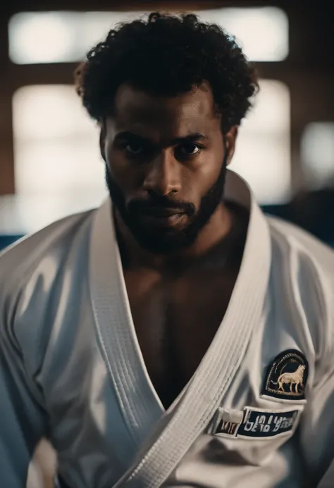 Black man with curly hair Social brown belt of Jiu Jitsu with wolf features