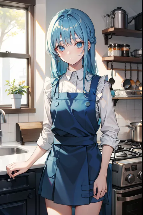 teens girl　length hair　Blue hair　blue eyess　pinafore　Cooking dishes　cuisine