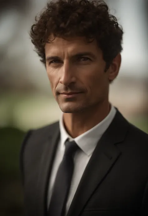 Cinematic portrait , a handsom man, Tall and fit, (40 years old:1.1), (shaven:1.2), (very short brown  hair  a bit curly:1.5),(very short hair:1.6). black tight suit, white shirt . Minimalistic background, clean composition, strong details, Muted Colours, ...