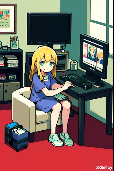 personal computers、a desk、pixels, Pixel art, 1girl in, a blond, sitting down on the floor, Body, Smile, Cozy,