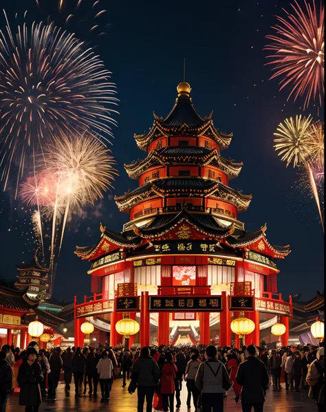 new chinese year, full of fireworks, chinese fireworks, chinese paper dragons, chinese intricate castles, red and gold, masterpiece, best quality