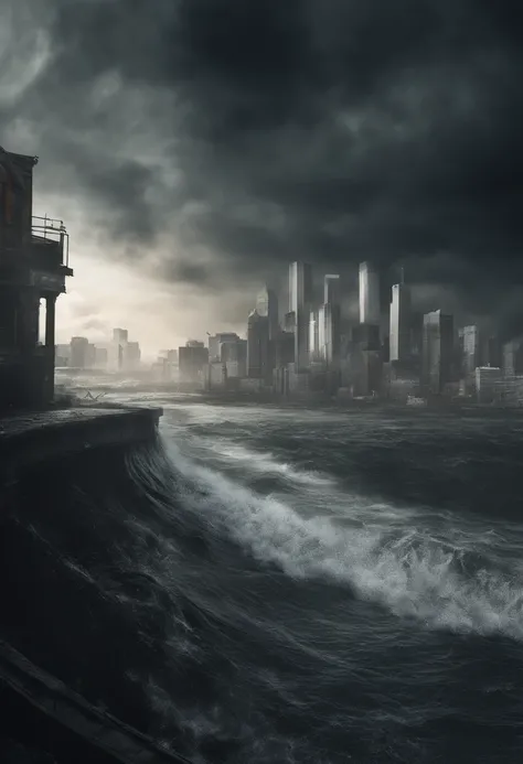 Create a cinematic cityscape，Towering tsunami waves pound the city skyline. The lens should capture the absolute power and destructive power of the wave, The building in the foreground is partially submerged, debris flying, and the feeling that disaster is...