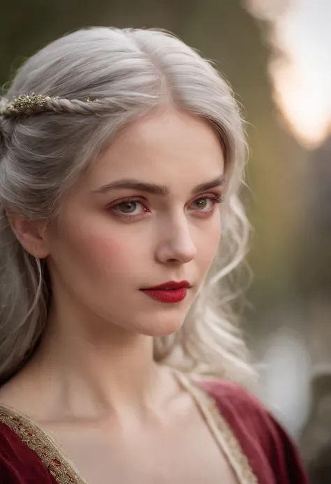 (((A deep red wound streaked across her left cheek))) Fair complexion, A woman around 19 years old, Natural gray hair, Unique green eyes, Wear Cole, Slender and graceful, Beautiful, Candlelight in a medieval setting, super sharp focus, realistic lens, Medi...