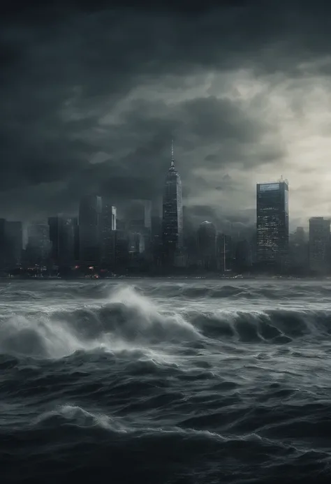 Create a cinematic cityscape，Towering tsunami waves pound the city skyline. The lens should capture the absolute power and destructive power of the wave, The building in the foreground is partially submerged, debris flying, and the feeling that disaster is...