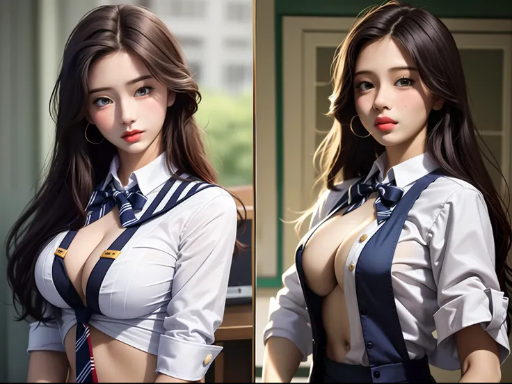 Estudante sexy da escola em um uniforme escolar sexy sem mangas. saia levantada pelo vento