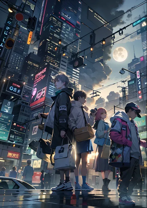 1boys,Only 12、full body shot of、The beginning of the adventure、Very dark sky、Lots of clouds,Heavy fog、starrysky、large moon,The chaotic city of the future、dystopian、blimp、A group of very tall skyscrapers stands in the center、High brightness radio tower、Crow...