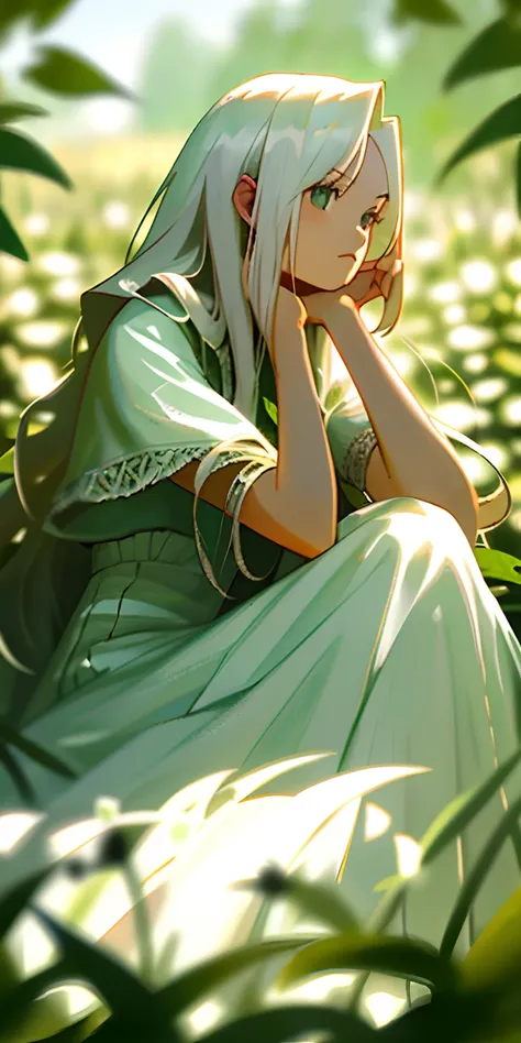 (masterpiece, best quality),1girl with long white hair sitting in a field of green plants and flowers, her hand under her chin, warm lighting, white dress, blurry foreground