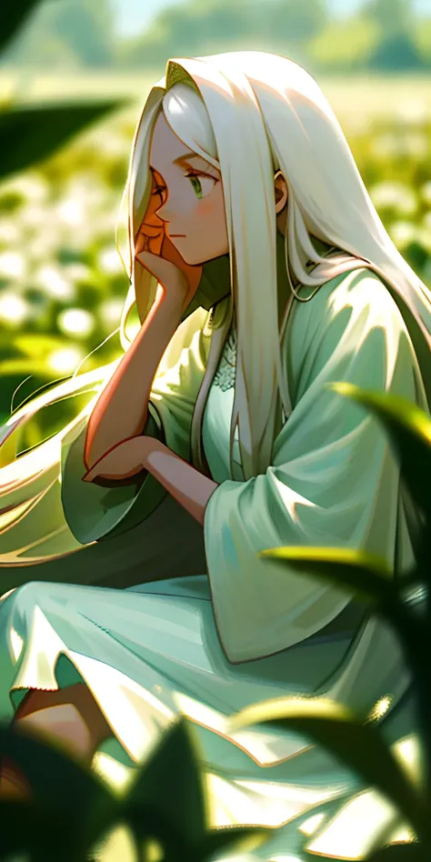 (masterpiece, best quality),1girl with long white hair sitting in a field of green plants and flowers, her hand under her chin, warm lighting, white dress, blurry foreground