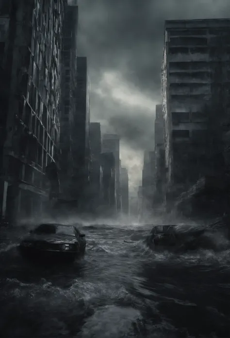 Create a cinematic cityscape，Towering tsunami waves pound the city skyline. The lens should capture the absolute power and destructive power of the wave, The building in the foreground is partially submerged, debris flying, and the feeling that disaster is...