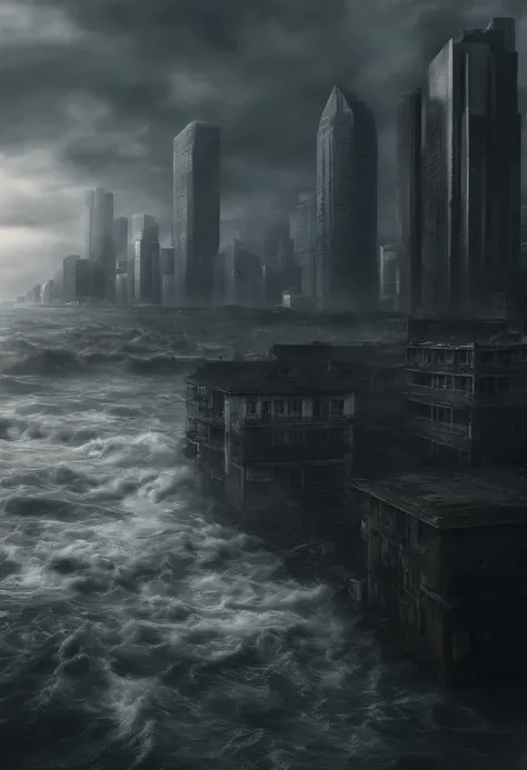 Create a cinematic cityscape，The sea floods the building，Towering tsunami waves pound the city skyline. The lens should capture the absolute power and destructive power of the wave, The building in the foreground is partially submerged, debris flying, and ...