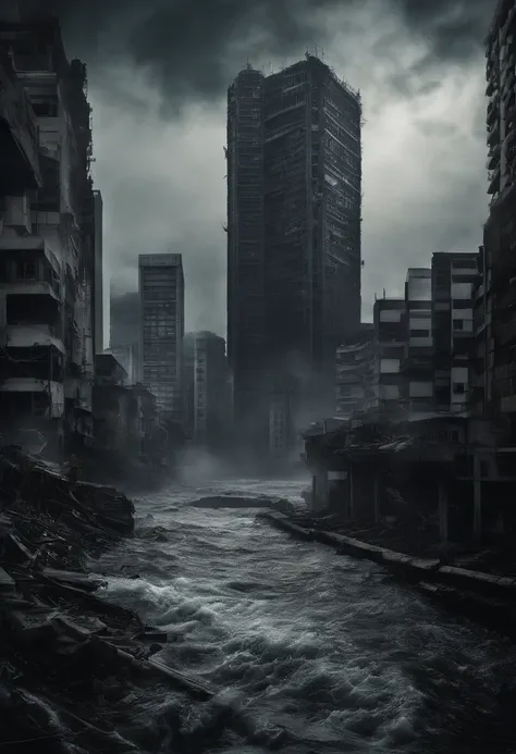 Create a cinematic cityscape，The sea floods the building，Towering tsunami waves pound the city skyline. The lens should capture the absolute power and destructive power of the wave, The building in the foreground is partially submerged, debris flying, and ...