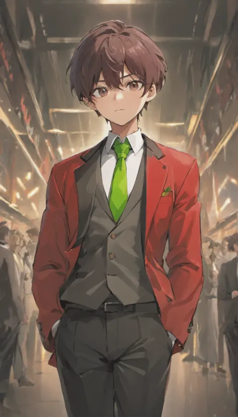 anime boy in a red jacket and green pants with a black tie, an anime drawing inspired by Okumura Masanobu, pixiv, shin hanga, handsome anime pose, anime handsome man, young anime man, smooth anime cg art, anime boy, jk uniform, shigenori soejima illustrati...