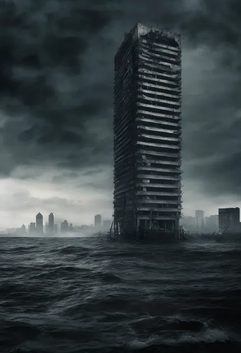 Create a cinematic cityscape，The sea floods the building，Dilapidated buildings，，Faint lights and towering tsunami waves pound the city skyline. The lens should capture the absolute power and destructive power of the wave, The building in the foreground is ...