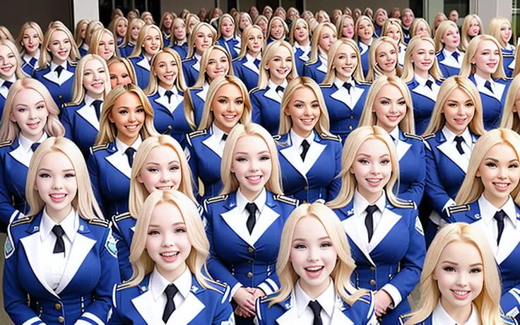 a close-up of a large group of smiling busty Jessica Weaver clones with Dove Camerons eyes wearing identical uniforms