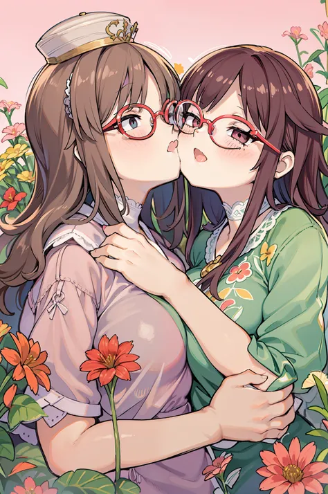 Two-dimensional girl enjoying flowers、huge-breasted、big round glasses、bbw,Large Thigh、Two girls、embracing each other、Deep kissing、the kiss、lesbian、red blush