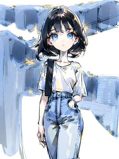 1girl, short black hair, blue eyes, wearing plain white shirt, denim shorts, city, absurdres, high res, ultrasharp, 8K, masterpiece, looking at viewer