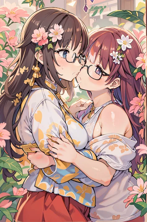 Two-dimensional girl enjoying flowers、huge-breasted、big round glasses、bbw,Large Thigh、Two girls、embracing each other、Deep kissing、the kiss、lesbian、red blush