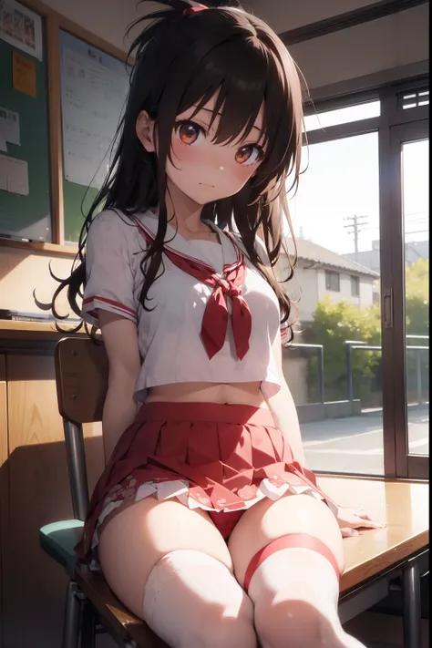 Yuki Mikan、Colossal tits、angry looking face、School Music Room、Ribbon blouse with open chest、with floral pattern　Red Panties、Whitecheck　Blue pleated skirt、Black lace　Rose print bra、Black lace stockings、Brown loafers、A slender、Sitting on a chair、Armpit、Crotc...