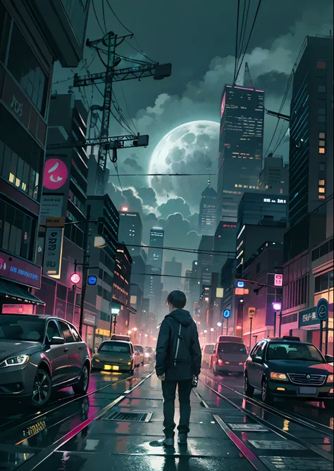 1boys,Only 12、full body shot of、The beginning of the adventure、Very dark sky、Lots of clouds,Heavy fog、starrysky、large moon,The chaotic city of the future、dystopian、blimp、A group of very tall skyscrapers stands in the center、High brightness radio tower、Crow...