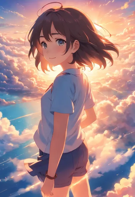 masterpiece, best quality, movie still, 1girl, cloud girl, floating in the sky, close-up, bright, happy, warm soft lighting, sunset, (sparks:0.7)