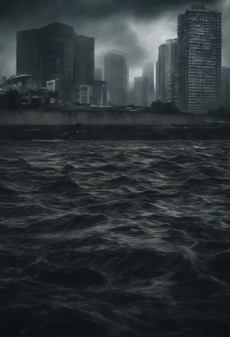 Create a cinematic cityscape，Great waves above buildings，Flood half of the tall buildings，Dilapidated buildings，，Faint lights and towering tsunami waves pound the citys skyline. The lens should capture the absolute power and destructive power of the wave, ...