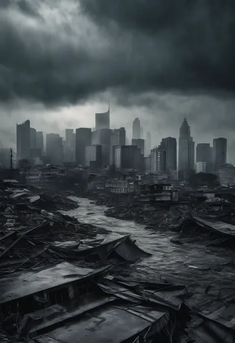 Create a cinematic cityscape，Great waves above buildings，Flood half of the tall buildings，Dilapidated buildings，，Faint lights and towering tsunami waves pound the citys skyline. The lens should capture the absolute power and destructive power of the wave, ...