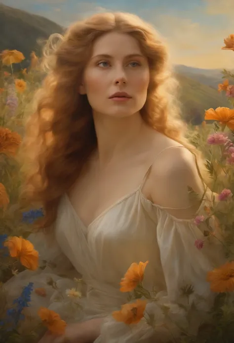 An Sarahs ghostly presence among the wildflowers, portrayed as an intricate tapestry in the style of classical Renaissance art, drawing inspiration from the works of Sandro Botticelli. The scene captures Sarah as a timeless, ethereal figure, gracefully mer...