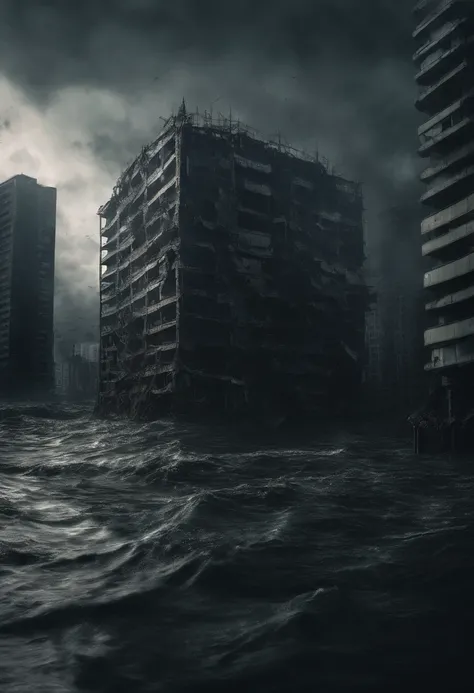 Create a cinematic cityscape，A huge monster in the sea，Flooded half of the high-rise buildings，Dilapidated buildings，，Faint lights and towering tsunami waves pound the citys skyline. The lens should capture the absolute power and destructive power of the w...