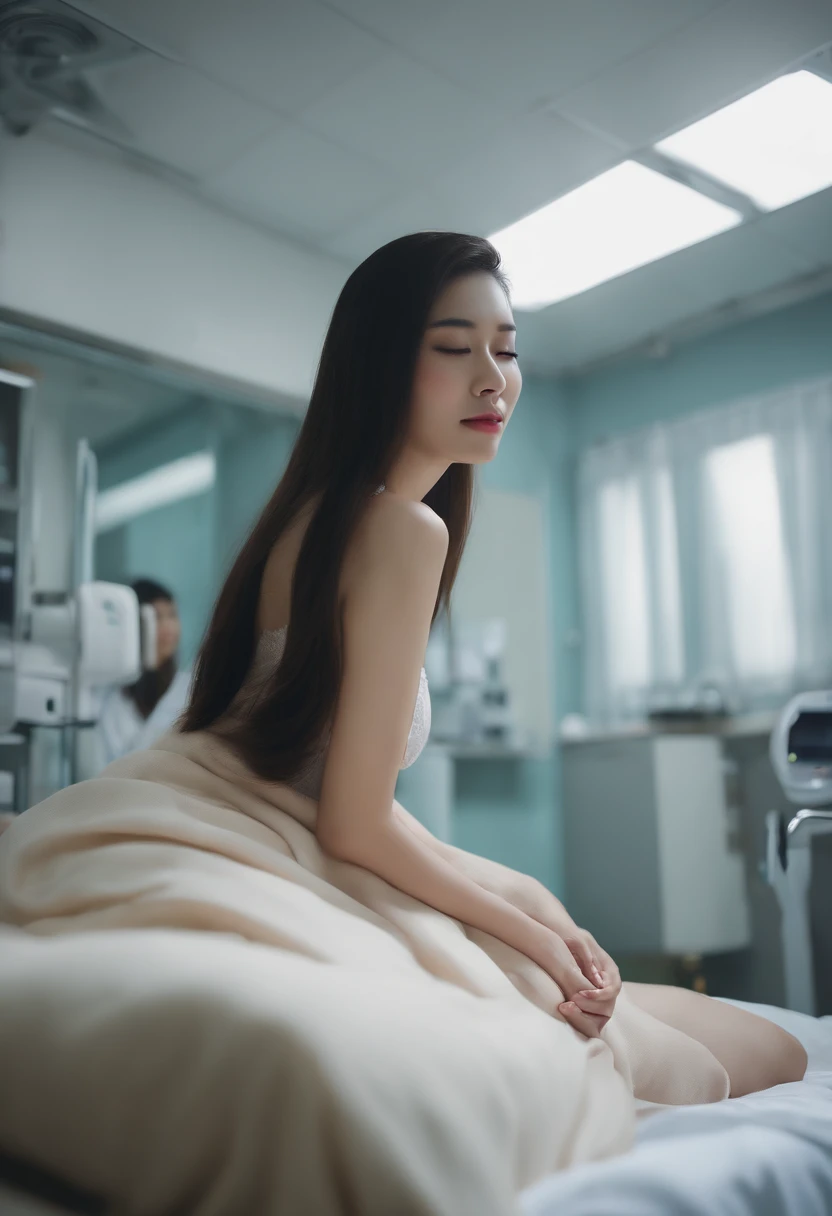 ( (8K:1.27)、top-quality、​masterpiece、超A high resolution:1.2)、Solo、Are sleeping、 feet to the ceiling,、Naked、A dark-haired、Long straight hair、huge tit、In the hospital、Hospital Room