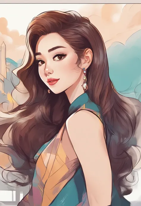 Hairstyles:  A sleek and high ponytail that adds an element of sophistication and style., Super pretty 20 year old Korean girl,happy face, Cartoon style illustration, Cartoon Art Style, Cartoon Art Style, Digital illustration style, Highly detailed charact...