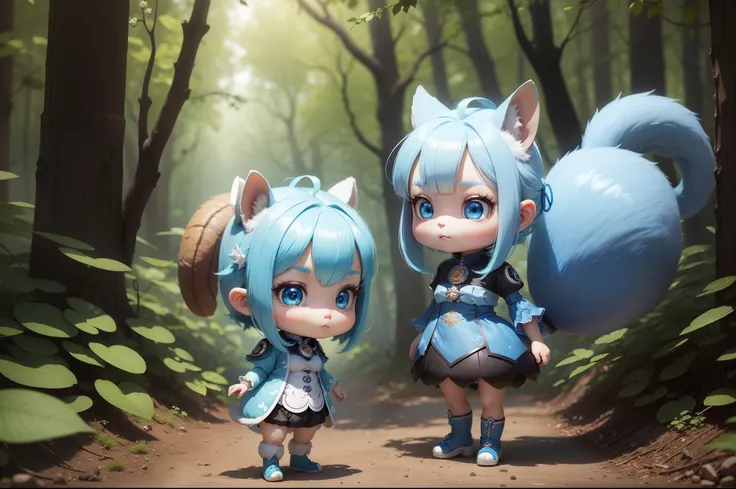 Chibichara　Pretty girl with blue hair、It is a cute white and blue costume。Dark eyes。a squirrel、acorn、cute forest creature, Adorable Digital Painting, cute detailed digital art, the squirrel king, Cute digital art, cute cartoon characters, cute character, C...