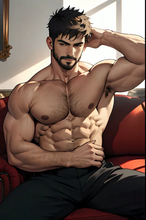 Best quality, masterpiece, expressionless,ultra high res,detailed background,realistic,1man,solo,male,muscular,mature male,short hair,facial hair,sitting,money,sofa, real shadow and light,depth of field, chest, biceps, pecs, abs, tall