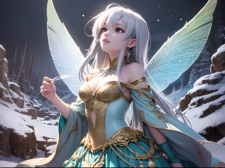 Masterpiece, superlative, exquisite and gorgeous, fairy-like beauty, cactus garland, seamless, looking up at the sky, white hair hanging down the shoulders, golden eyes shining, fair skin pure as snow, upper body silver hair, fairy skirt light and flowing,...